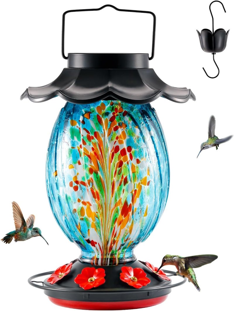 HouseSapp Solar Hummingbird Feeder - 49 fl.oz Hand Blown Glass Color Changing - 7 Feeding Ports with Perch - Never Leak - Perfect Hummingbird Feeder for Outdoors Hanging (Blue) - Image 1